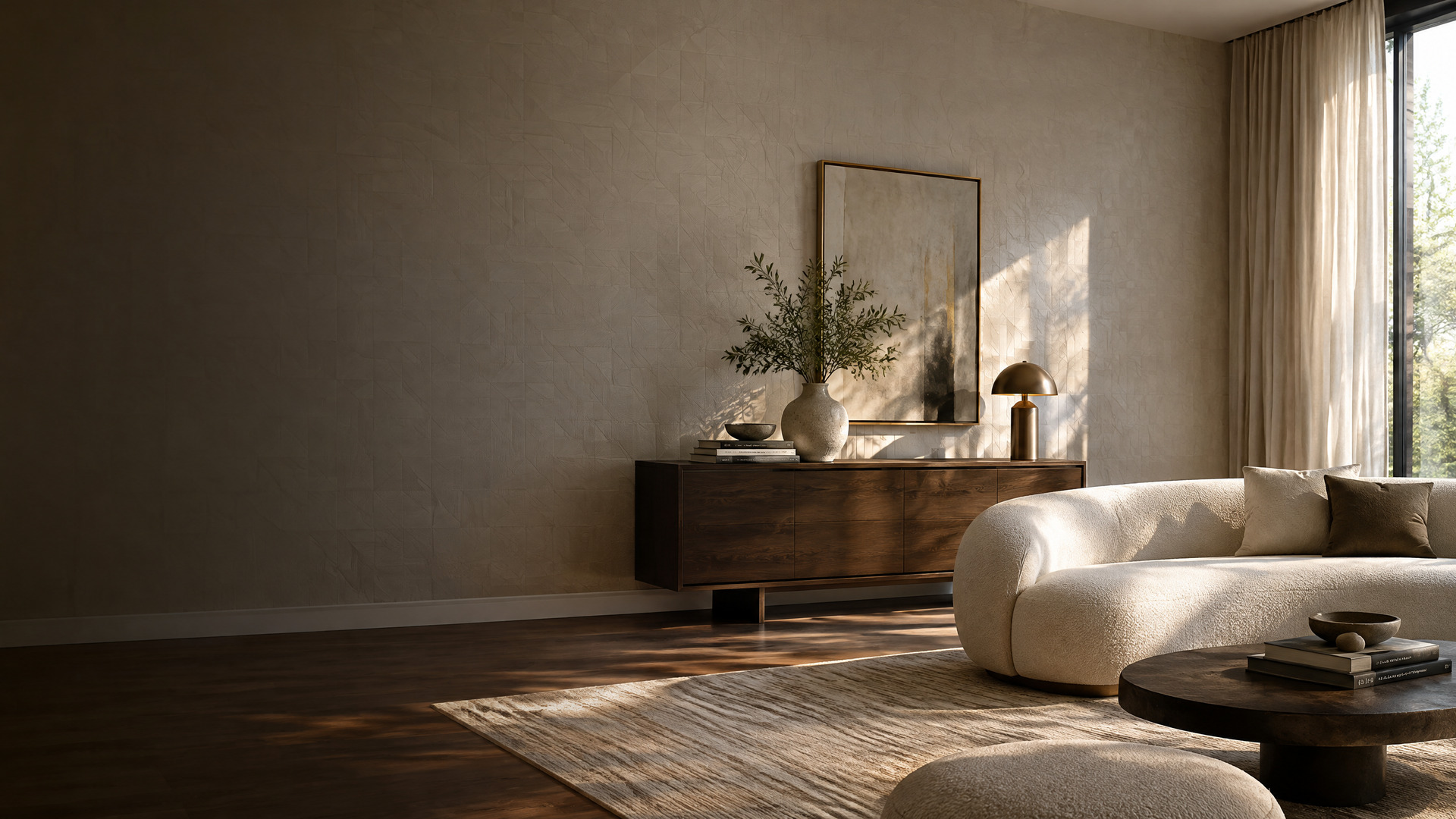 Luxury living room with installed textured wallpaper