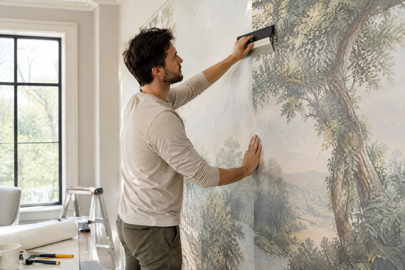 Professional installer placing a mural