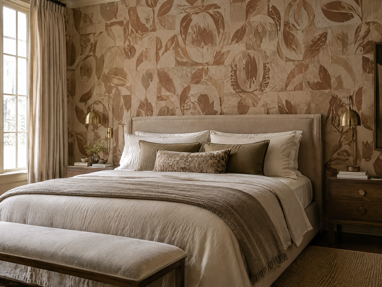 Refined bedroom with botanical wallpaper